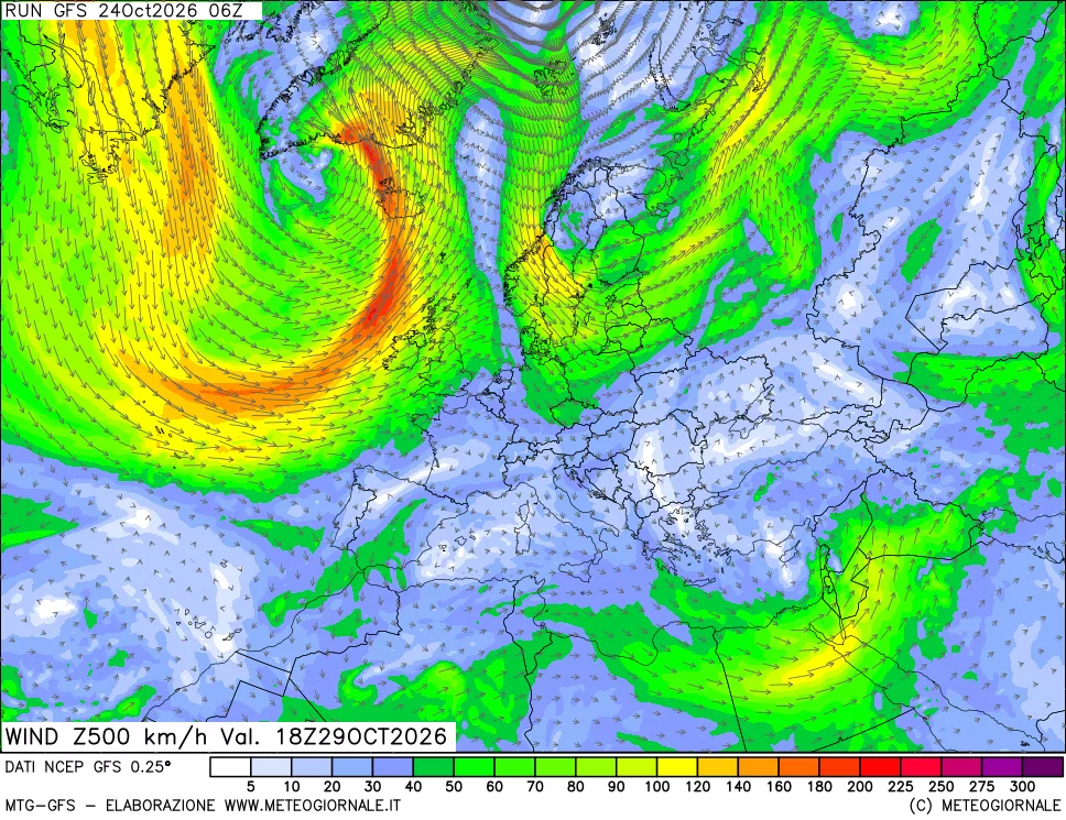 mappa 500 hPa Vento forza e direzione