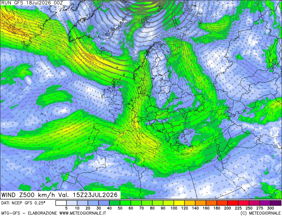 mappa 500 hPa Vento forza e direzione