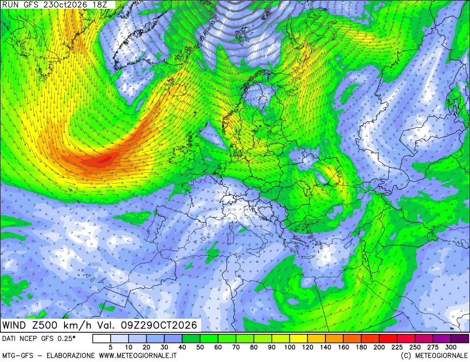 mappa 500 hPa Vento forza e direzione