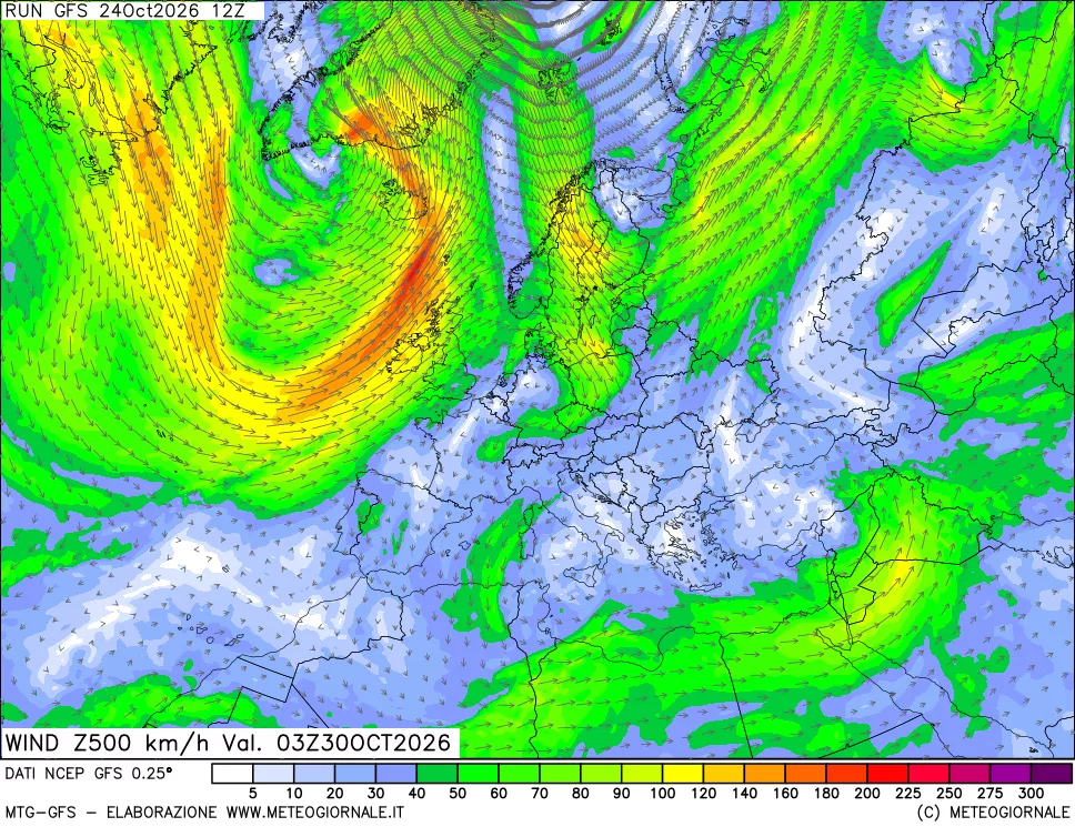 mappa 500 hPa Vento forza e direzione