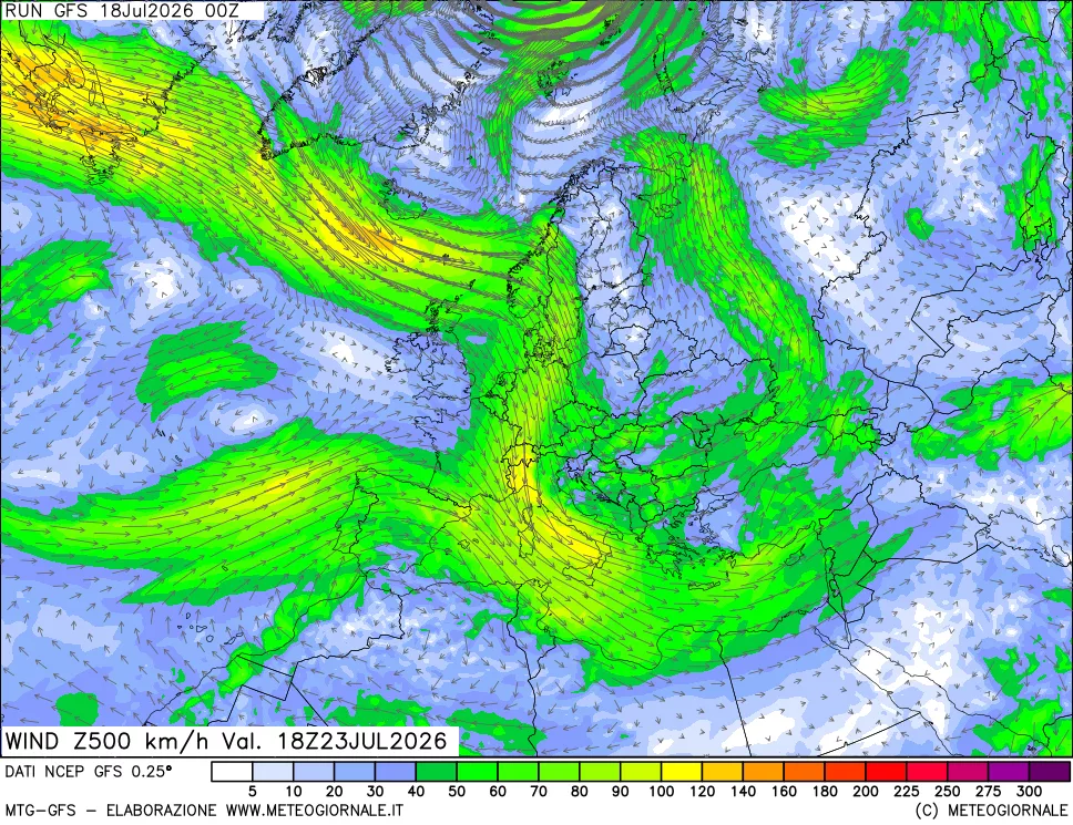 mappa 500 hPa Vento forza e direzione