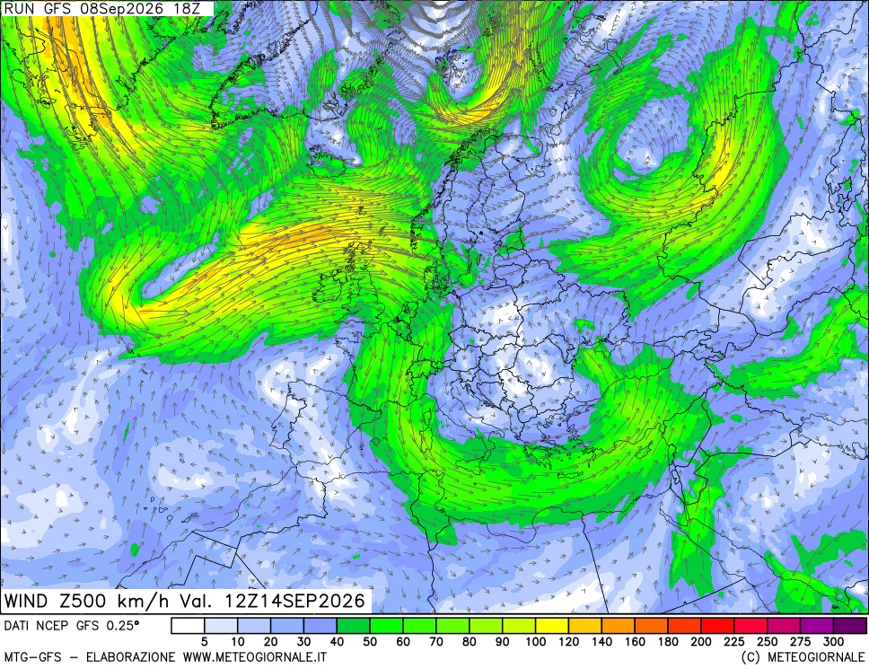 mappa 500 hPa Vento forza e direzione