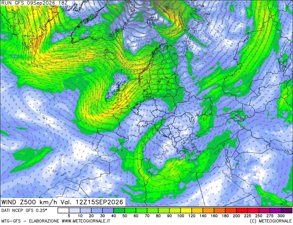 mappa 500 hPa Vento forza e direzione