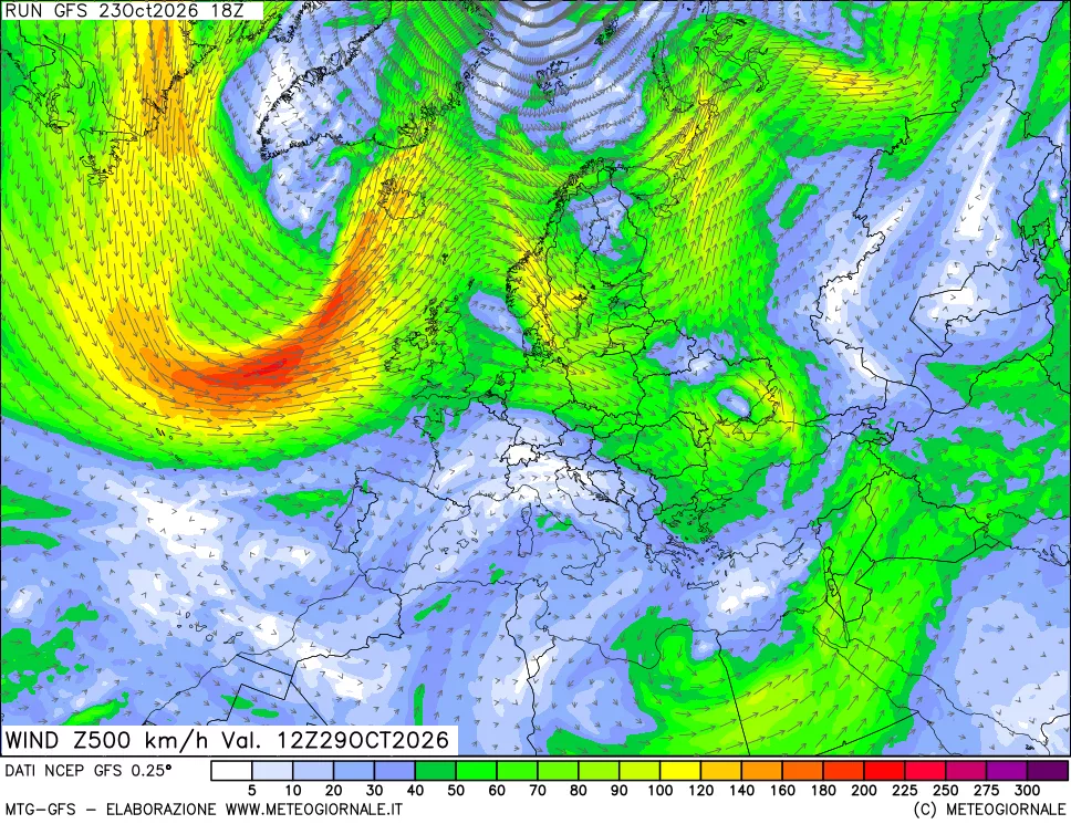 mappa 500 hPa Vento forza e direzione