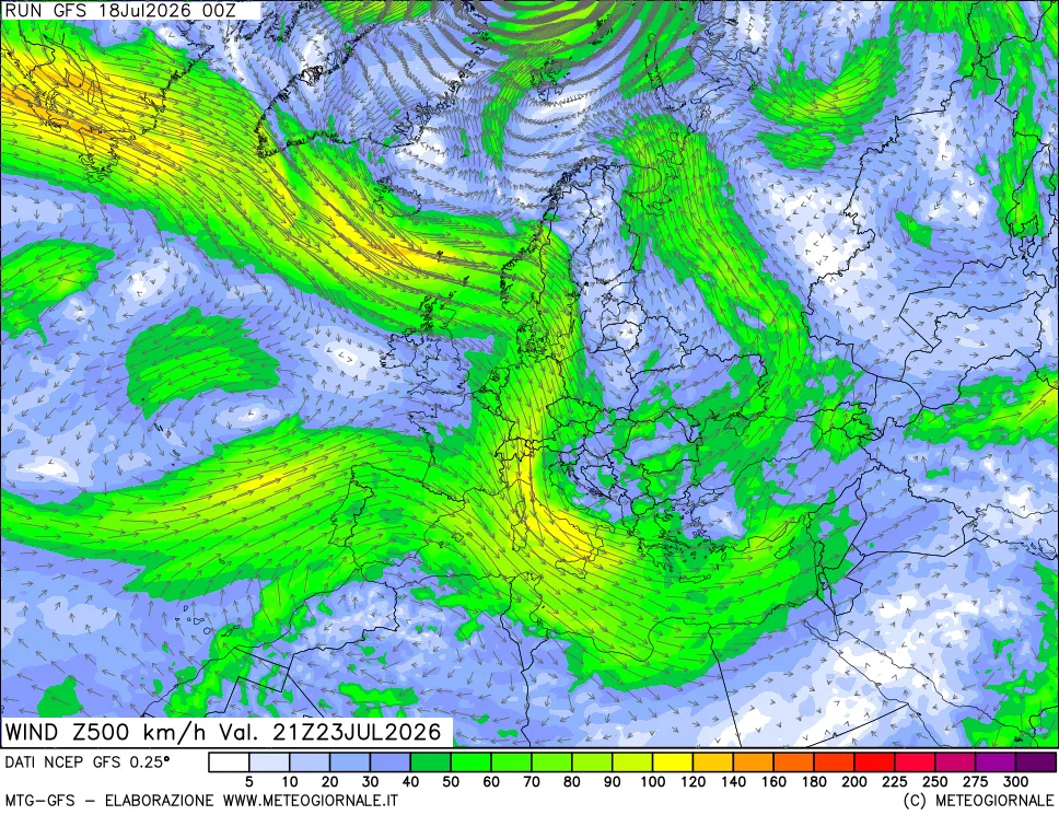 mappa 500 hPa Vento forza e direzione
