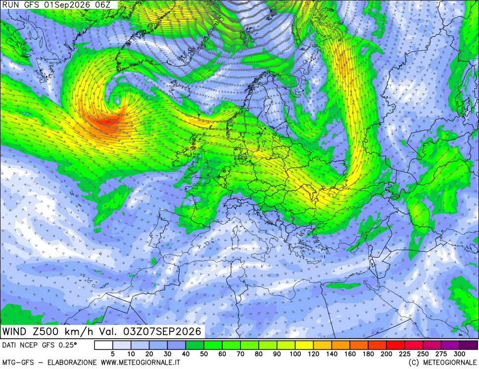 mappa 500 hPa Vento forza e direzione