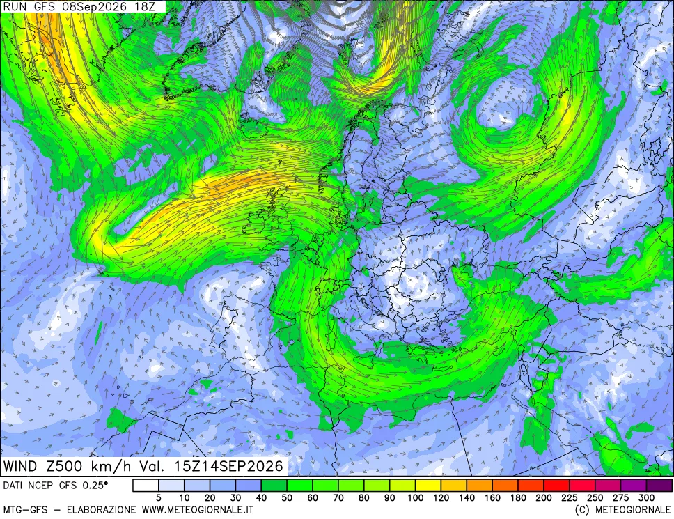mappa 500 hPa Vento forza e direzione