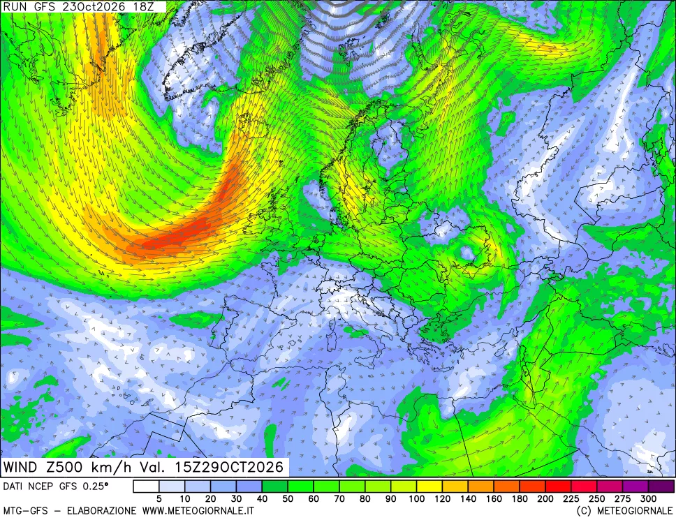mappa 500 hPa Vento forza e direzione