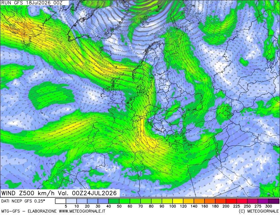 mappa 500 hPa Vento forza e direzione