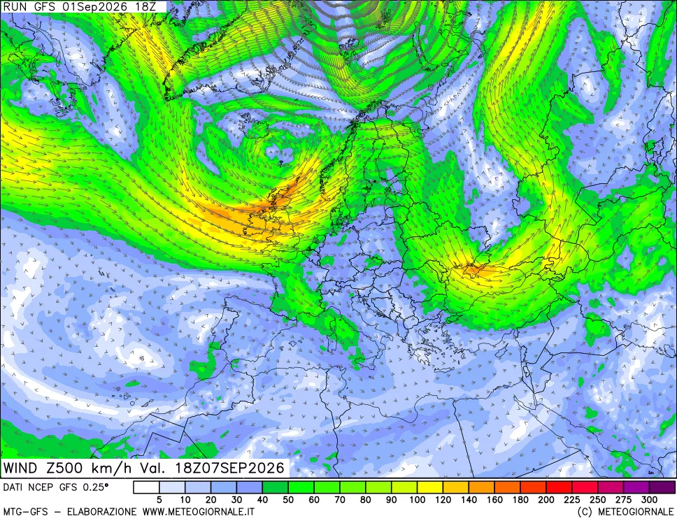 mappa 500 hPa Vento forza e direzione