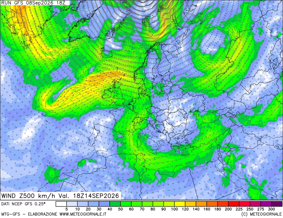 mappa 500 hPa Vento forza e direzione