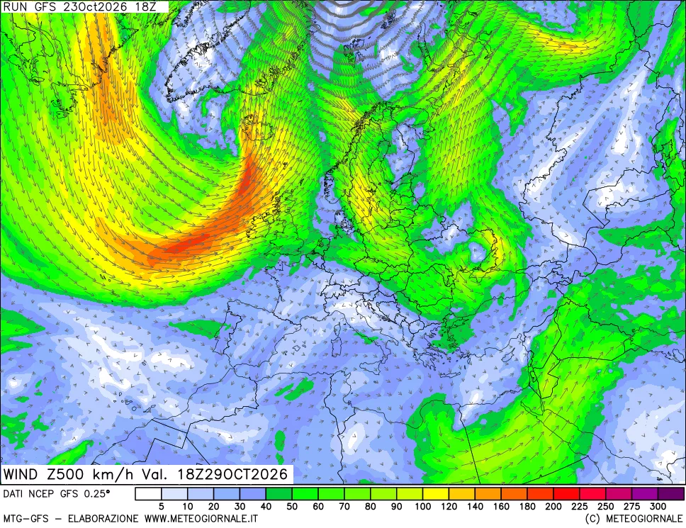mappa 500 hPa Vento forza e direzione