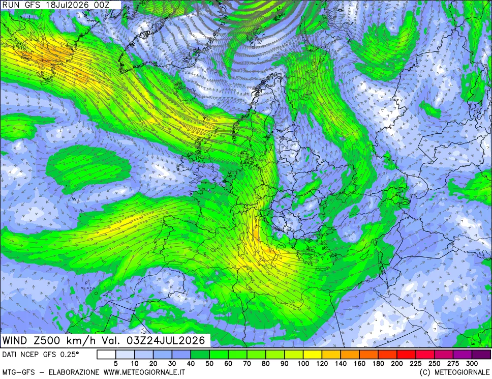 mappa 500 hPa Vento forza e direzione