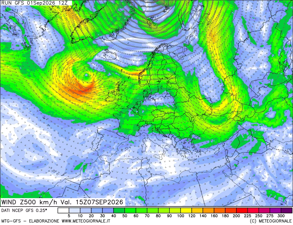 mappa 500 hPa Vento forza e direzione