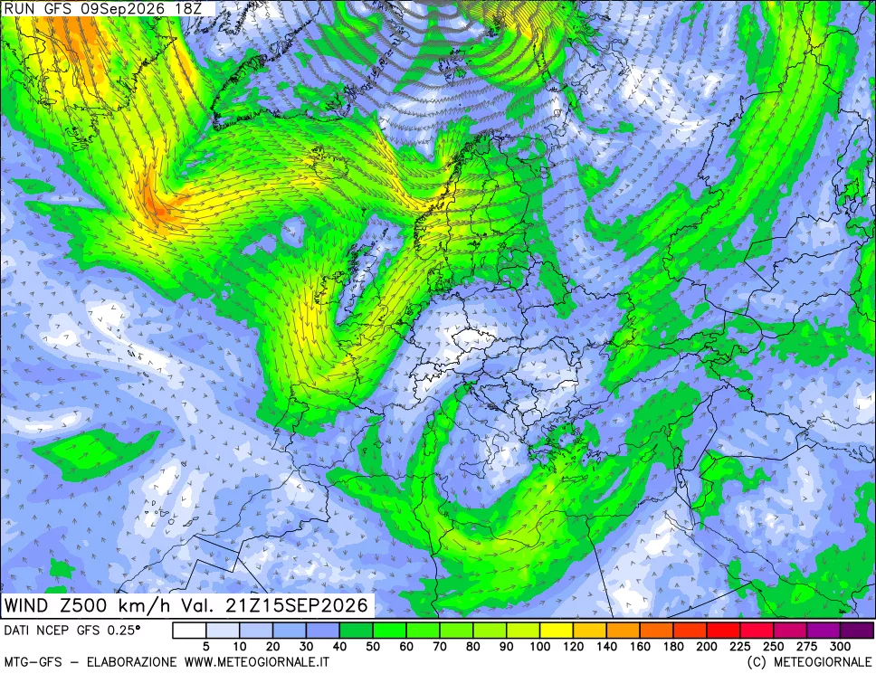 mappa 500 hPa Vento forza e direzione