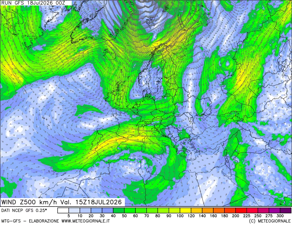 mappa 500 hPa Vento forza e direzione