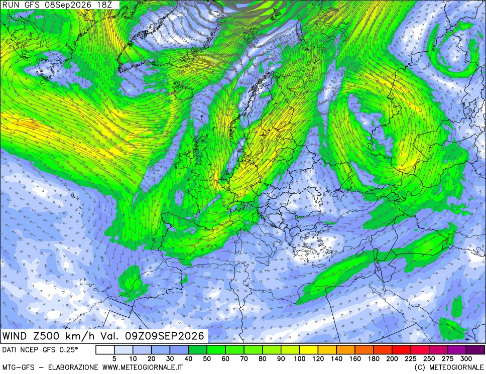 mappa 500 hPa Vento forza e direzione