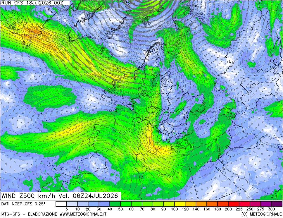 mappa 500 hPa Vento forza e direzione