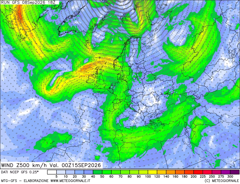 mappa 500 hPa Vento forza e direzione