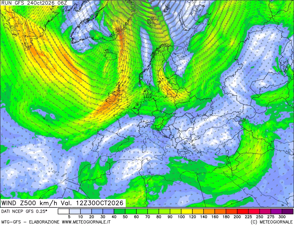 mappa 500 hPa Vento forza e direzione