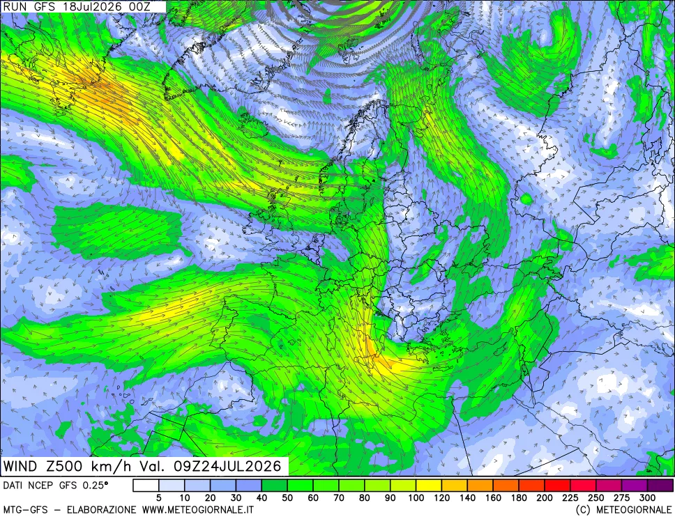 mappa 500 hPa Vento forza e direzione