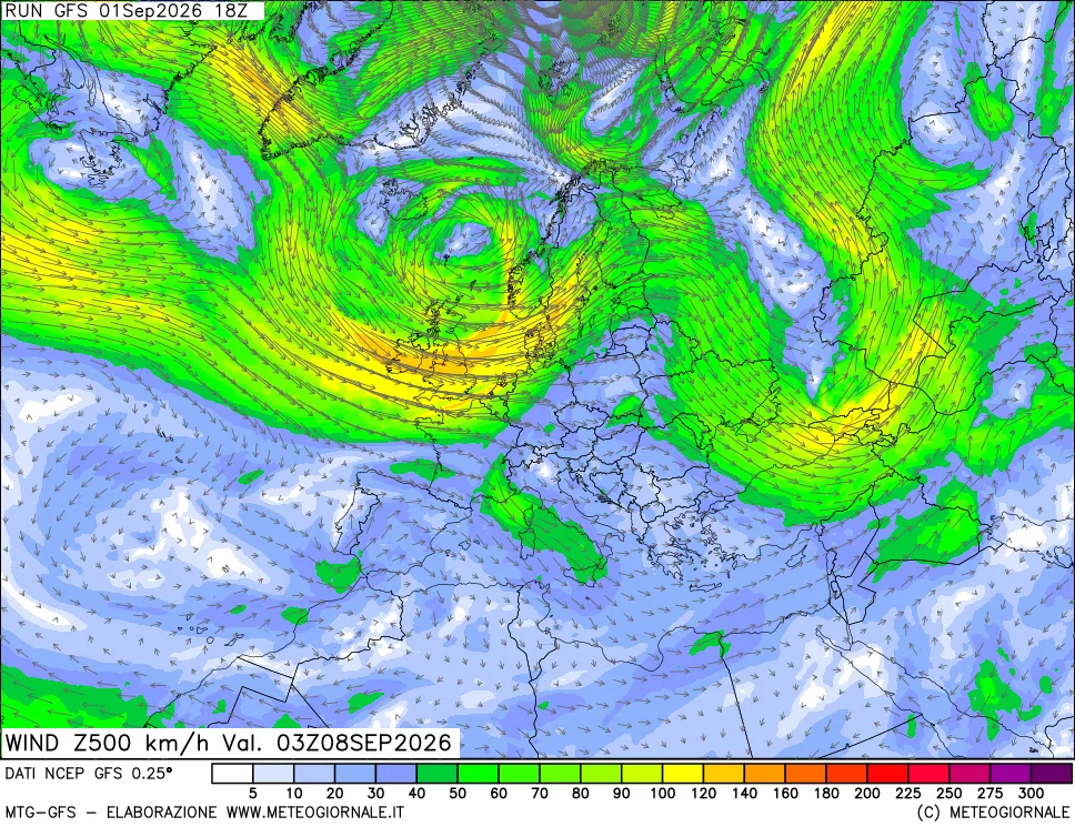 mappa 500 hPa Vento forza e direzione