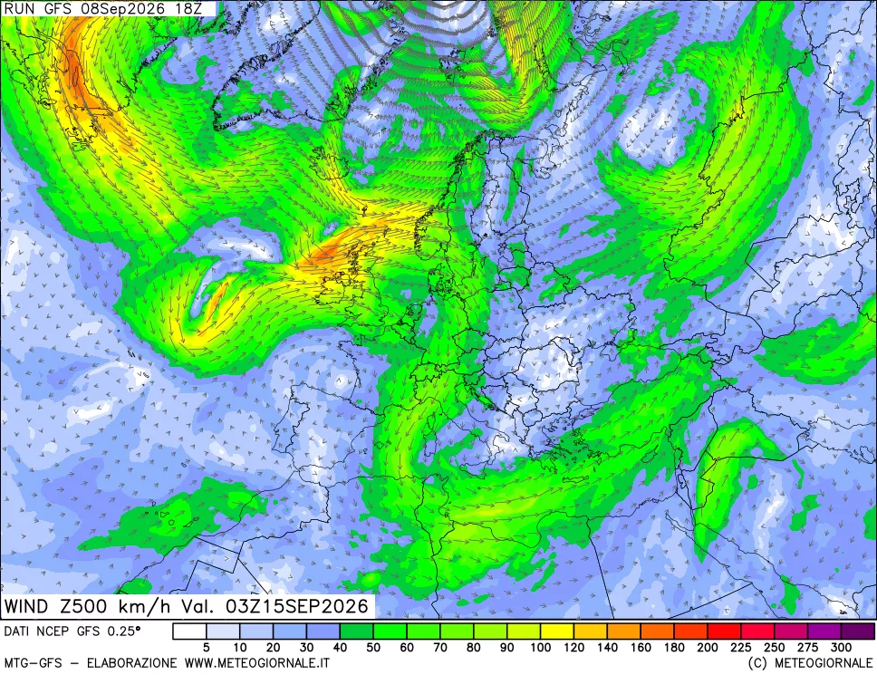 mappa 500 hPa Vento forza e direzione