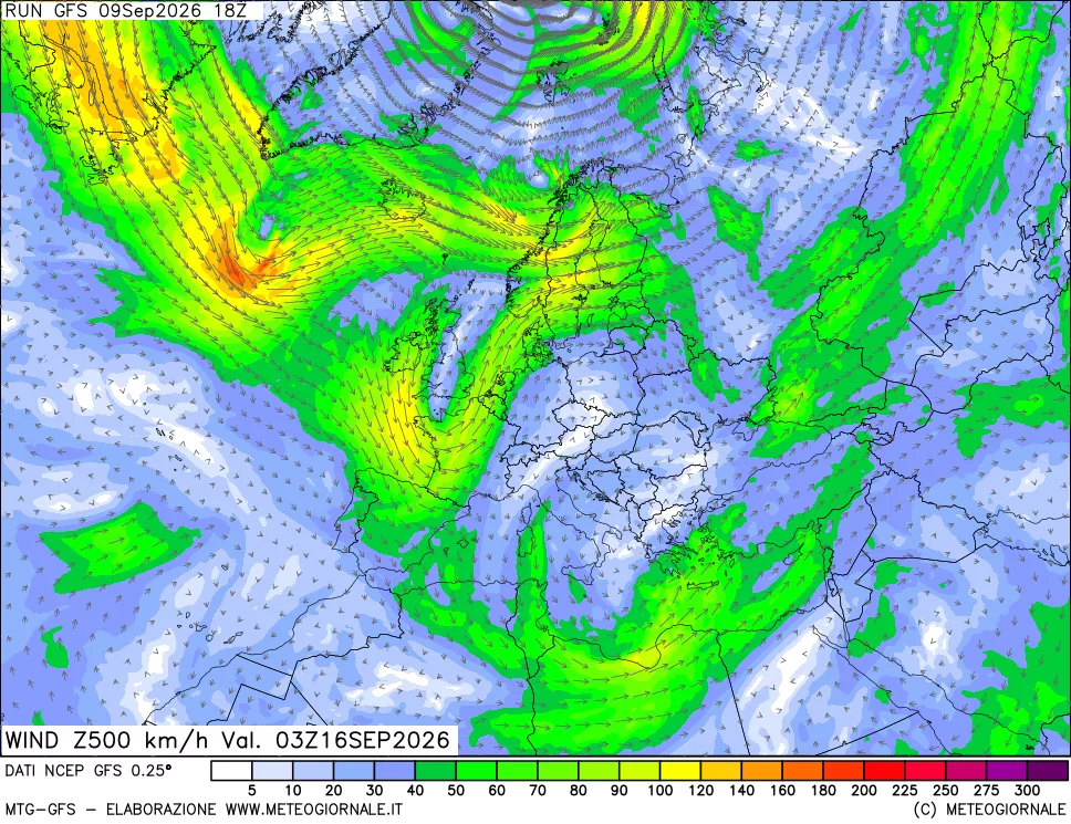 mappa 500 hPa Vento forza e direzione