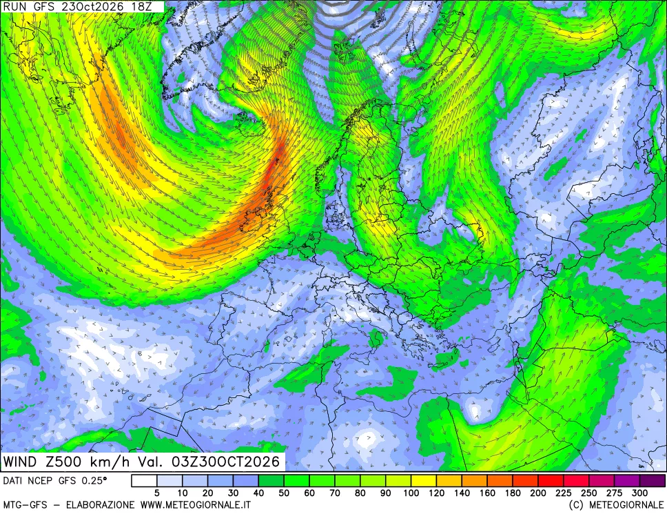 mappa 500 hPa Vento forza e direzione