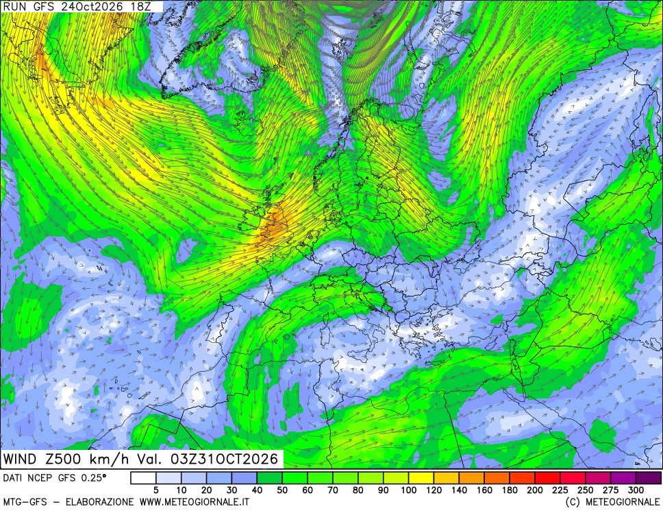 mappa 500 hPa Vento forza e direzione