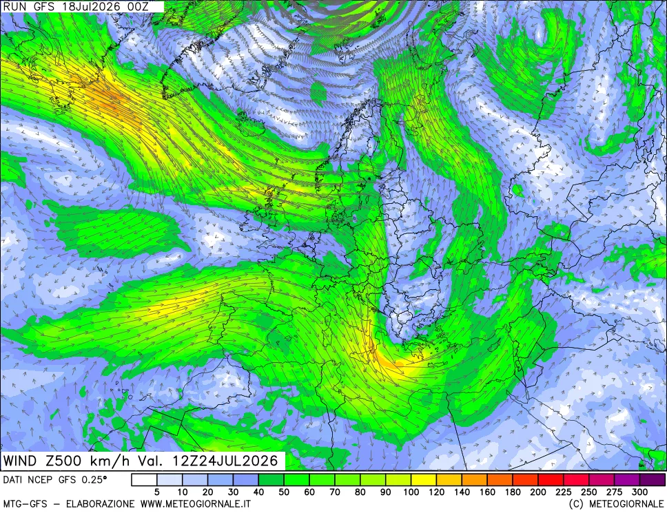 mappa 500 hPa Vento forza e direzione