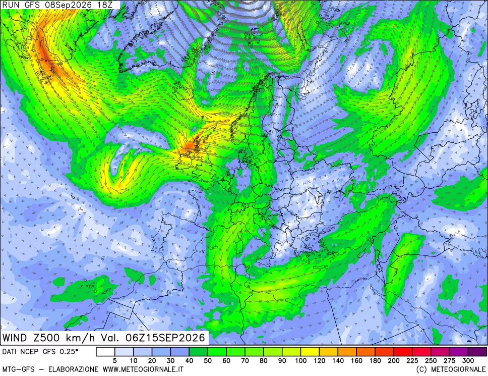 mappa 500 hPa Vento forza e direzione