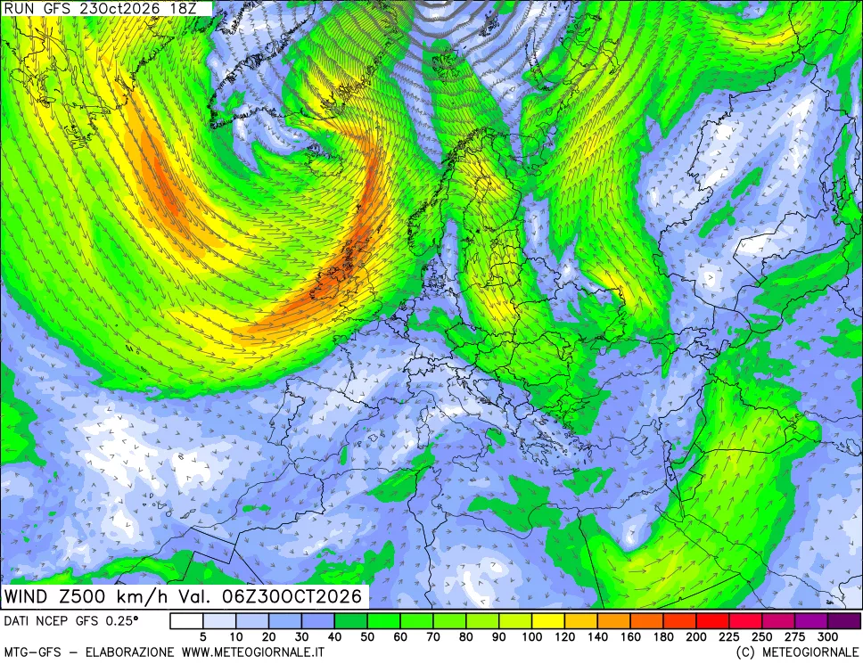 mappa 500 hPa Vento forza e direzione