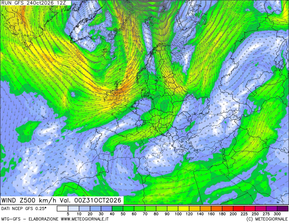 mappa 500 hPa Vento forza e direzione