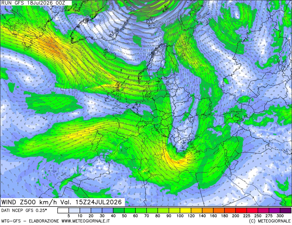 mappa 500 hPa Vento forza e direzione