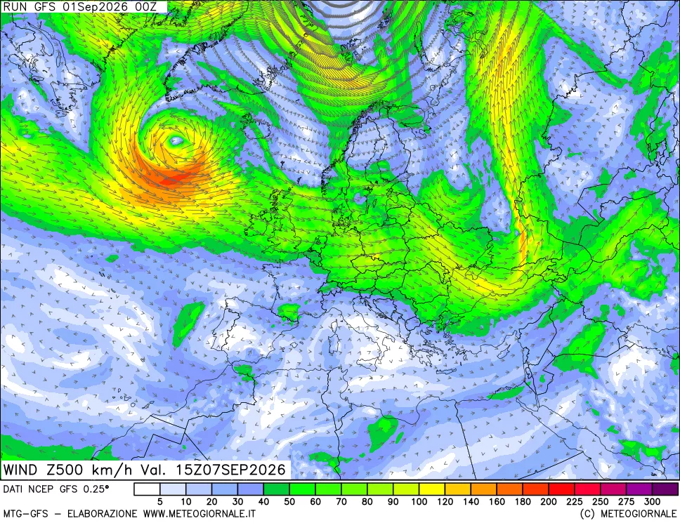 mappa 500 hPa Vento forza e direzione