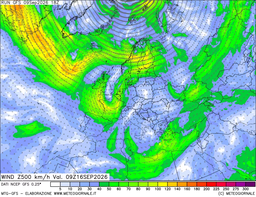 mappa 500 hPa Vento forza e direzione