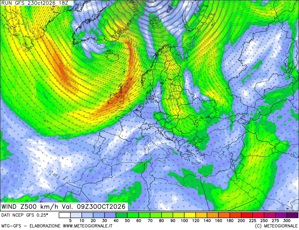 mappa 500 hPa Vento forza e direzione
