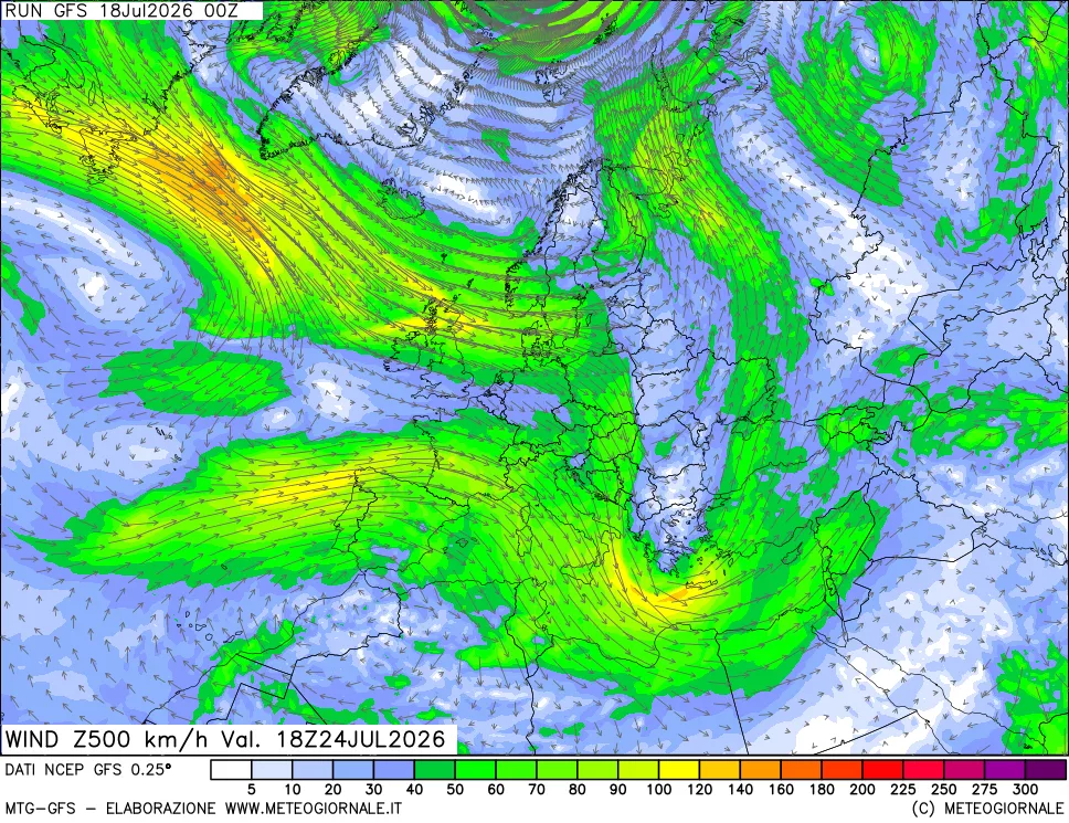 mappa 500 hPa Vento forza e direzione