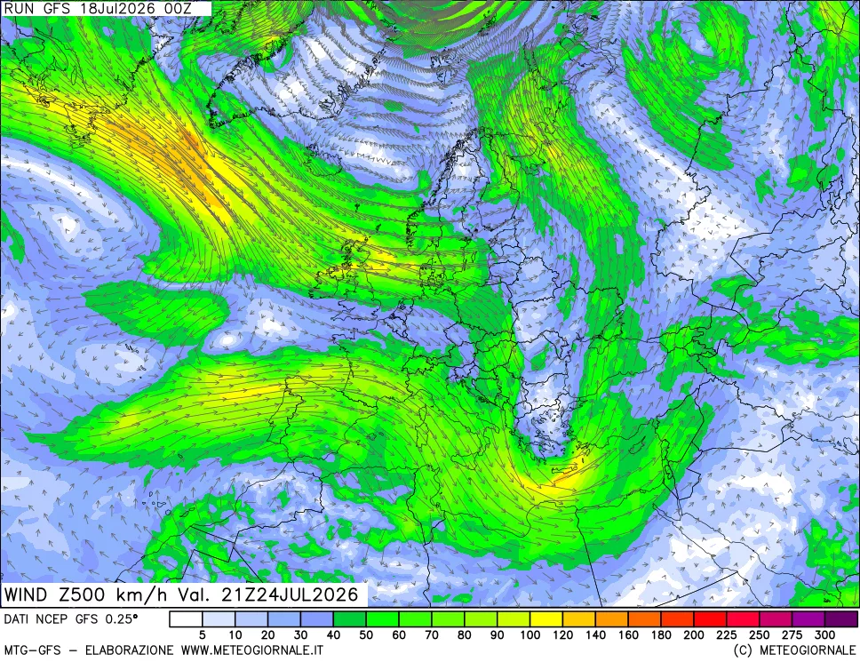 mappa 500 hPa Vento forza e direzione