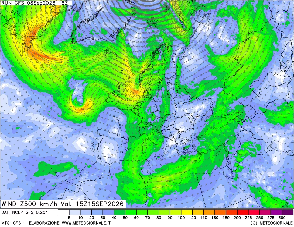 mappa 500 hPa Vento forza e direzione