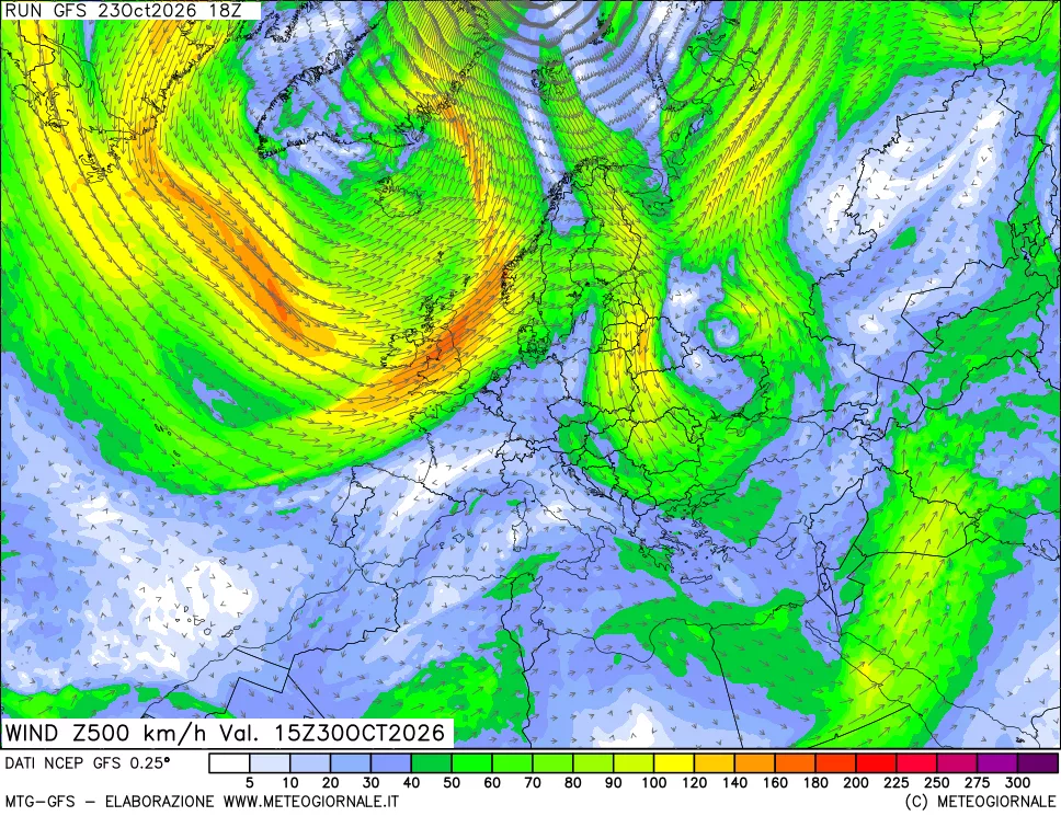mappa 500 hPa Vento forza e direzione