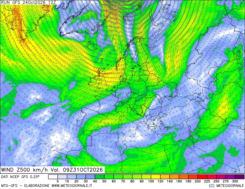 mappa 500 hPa Vento forza e direzione