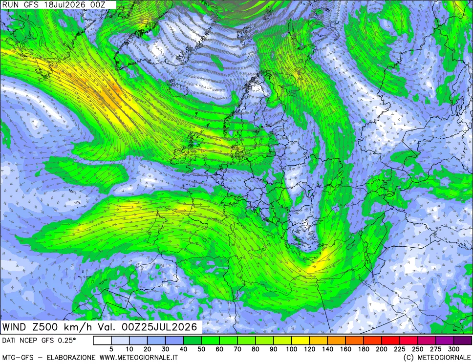 mappa 500 hPa Vento forza e direzione