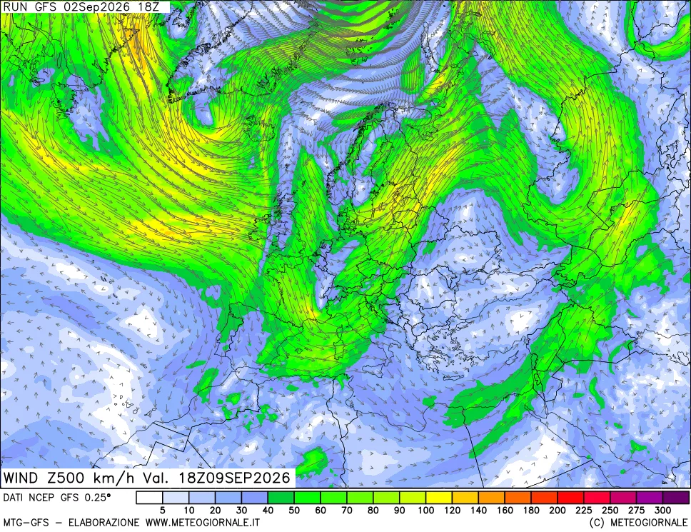 mappa 500 hPa Vento forza e direzione