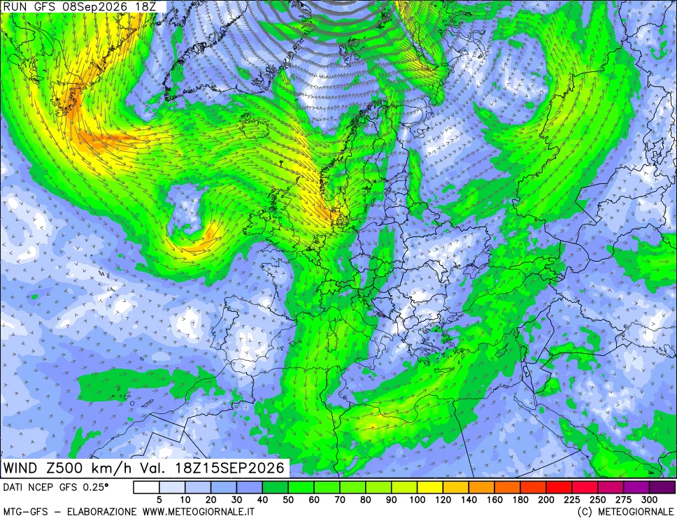 mappa 500 hPa Vento forza e direzione