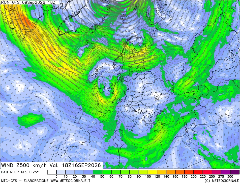 mappa 500 hPa Vento forza e direzione