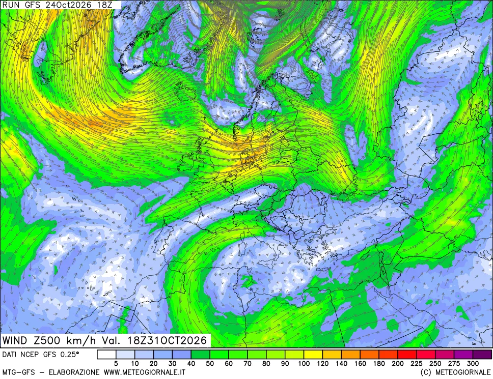 mappa 500 hPa Vento forza e direzione