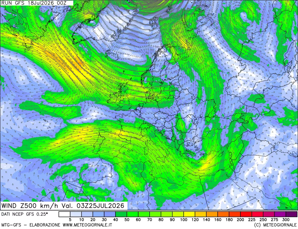 mappa 500 hPa Vento forza e direzione