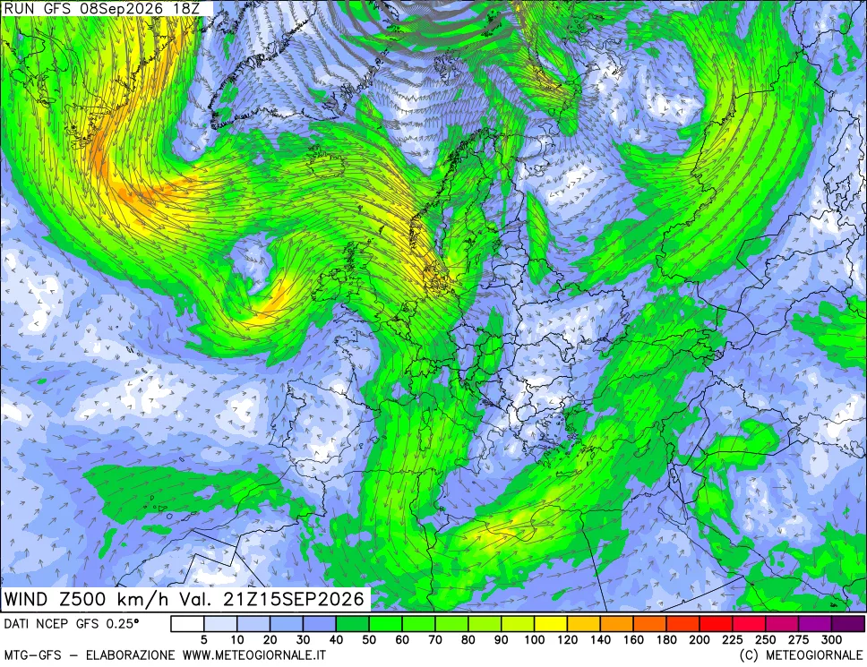 mappa 500 hPa Vento forza e direzione
